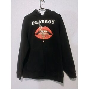 PLAYBOY Lips Iconic Hoodie Size Large Mens‎ Black Pit2Pit 27" Bunny Beauty Rare